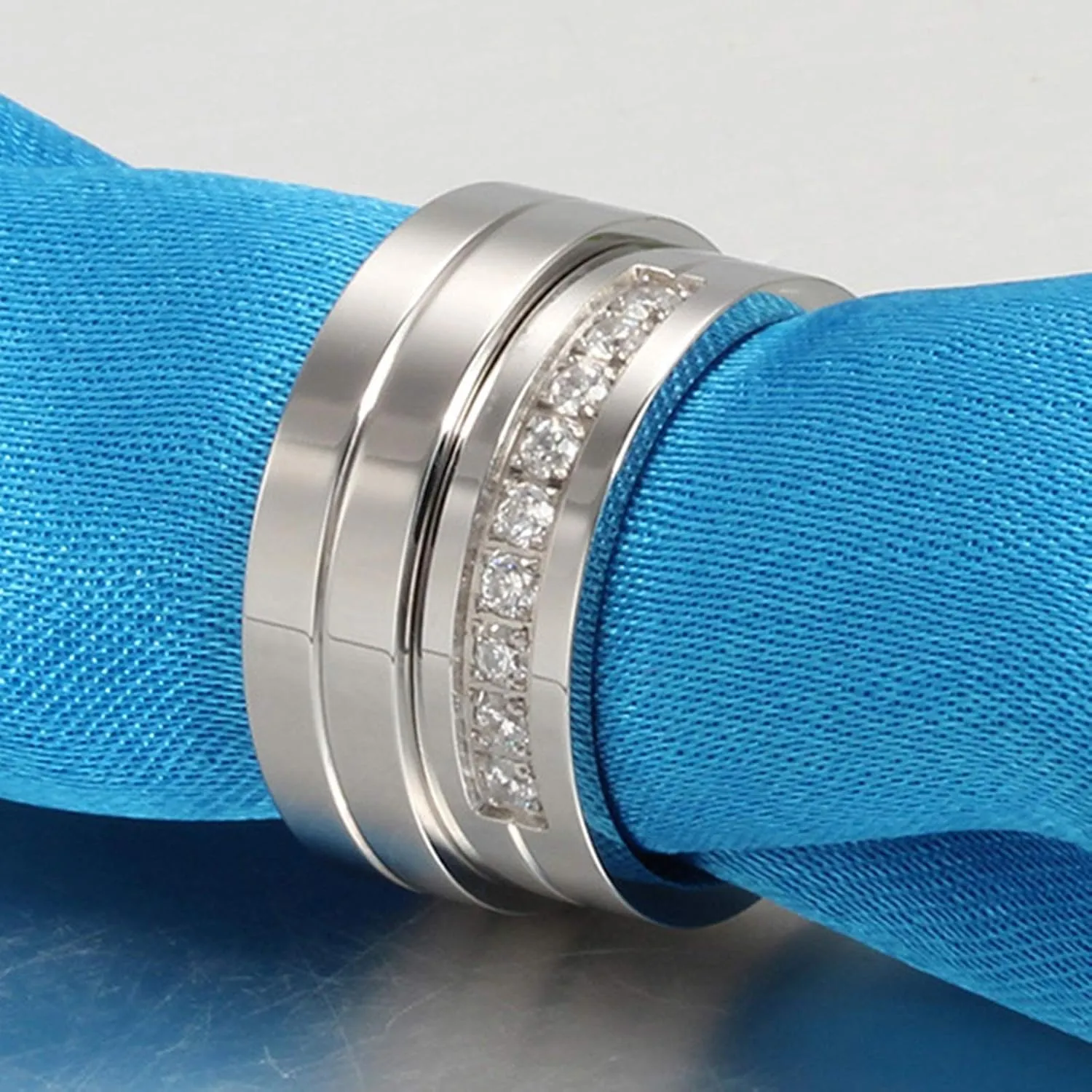KnSam Couple Ring Set Wedding Ring Stainless Steel Simple Comfort Fit White Zircon Silver Ring Size 5-13