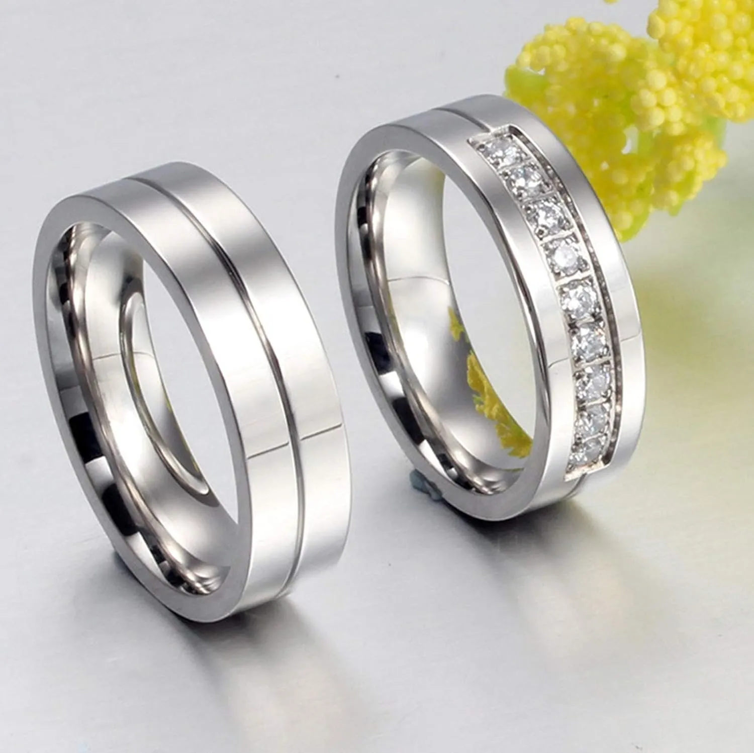 KnSam Couple Ring Set Wedding Ring Stainless Steel Simple Comfort Fit White Zircon Silver Ring Size 5-13