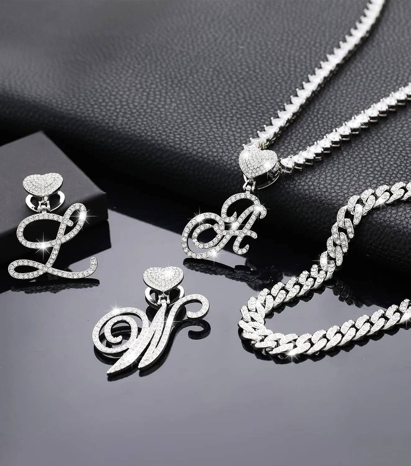 KOHOTA Gold Cuban Link Chain for Women Cursive Initial Pendant Necklace Layered Heart Shaped Zirconia Iced Out Chain Bling Necklace 24K Gold Plated Luxury Hip Hop Jewelry