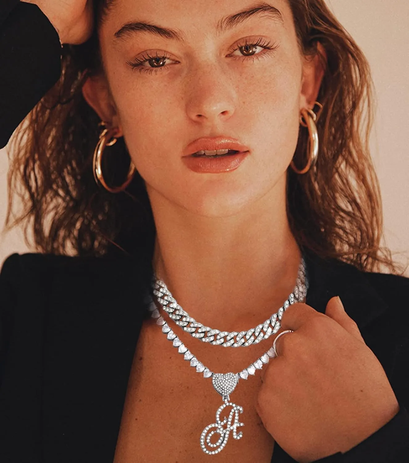 KOHOTA Gold Cuban Link Chain for Women Cursive Initial Pendant Necklace Layered Heart Shaped Zirconia Iced Out Chain Bling Necklace 24K Gold Plated Luxury Hip Hop Jewelry
