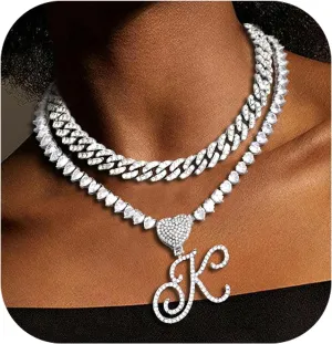 KOHOTA Gold Cuban Link Chain for Women Cursive Initial Pendant Necklace Layered Heart Shaped Zirconia Iced Out Chain Bling Necklace 24K Gold Plated Luxury Hip Hop Jewelry