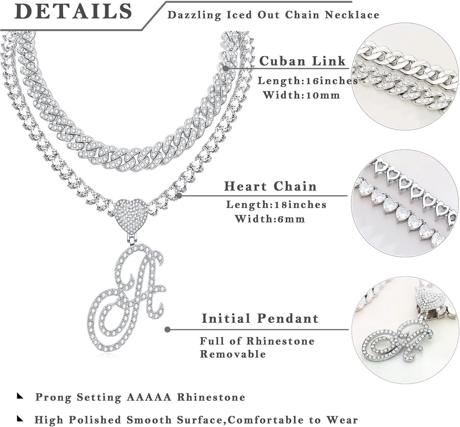 KOHOTA Gold Cuban Link Chain for Women Cursive Initial Pendant Necklace Layered Heart Shaped Zirconia Iced Out Chain Bling Necklace 24K Gold Plated Luxury Hip Hop Jewelry