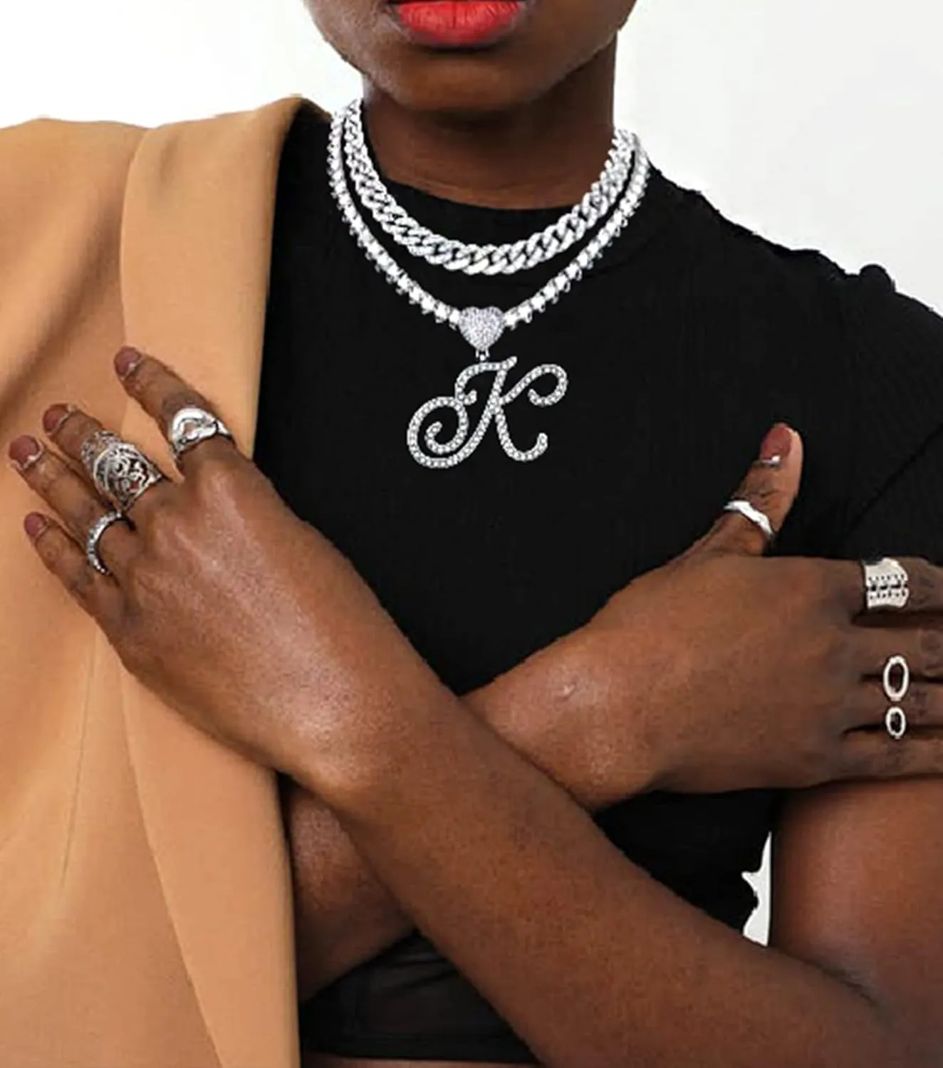 KOHOTA Gold Cuban Link Chain for Women Cursive Initial Pendant Necklace Layered Heart Shaped Zirconia Iced Out Chain Bling Necklace 24K Gold Plated Luxury Hip Hop Jewelry