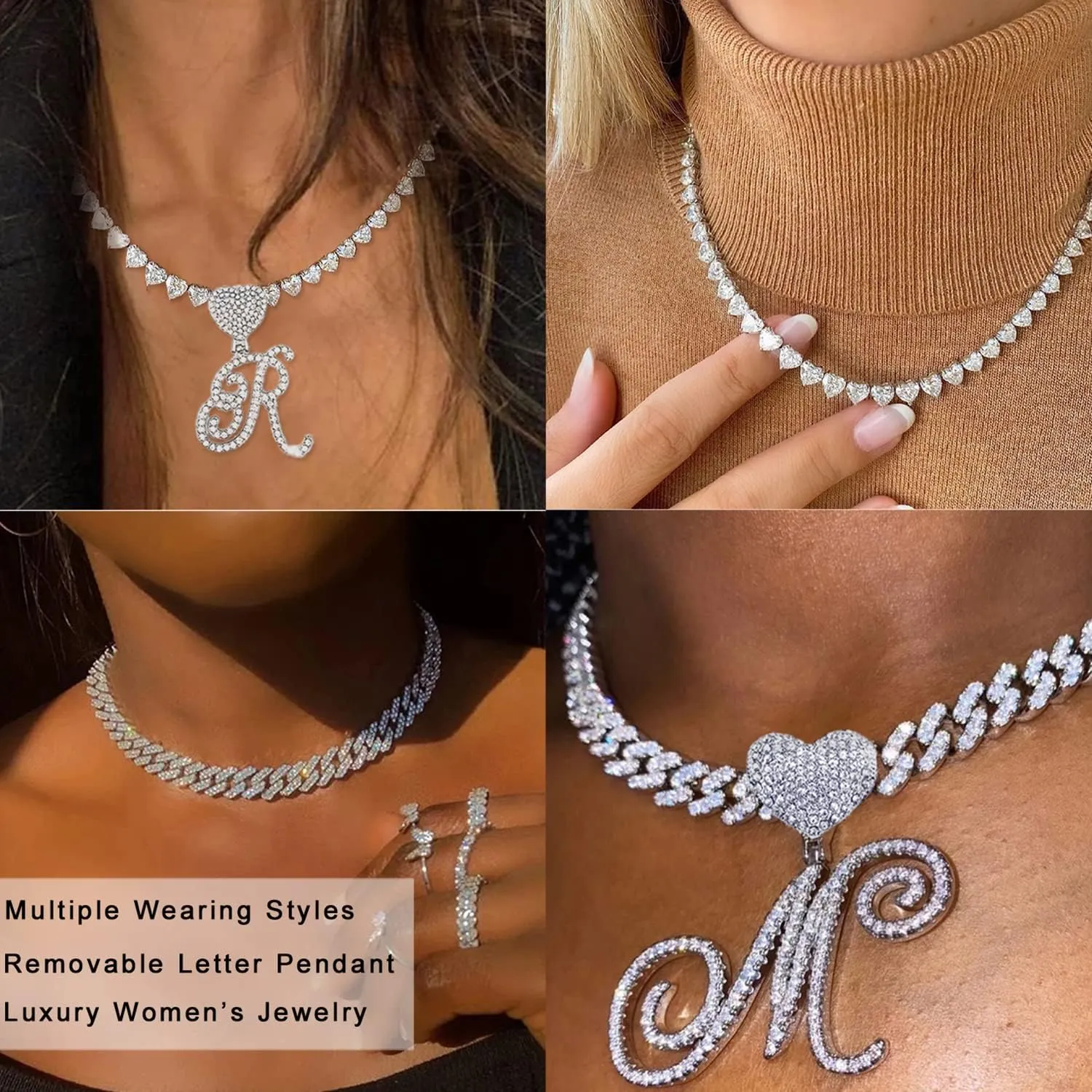 KOHOTA Gold Cuban Link Chain for Women Cursive Initial Pendant Necklace Layered Heart Shaped Zirconia Iced Out Chain Bling Necklace 24K Gold Plated Luxury Hip Hop Jewelry