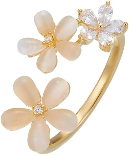 Kokoma Cat Eye Stone Daisy Flower Ring for Women Cubic Zirconia Little Floral Wrap Finger Band Eternity Promise Rings Open Statement Ring Dainty Jewelry Christmas Thanksgiving