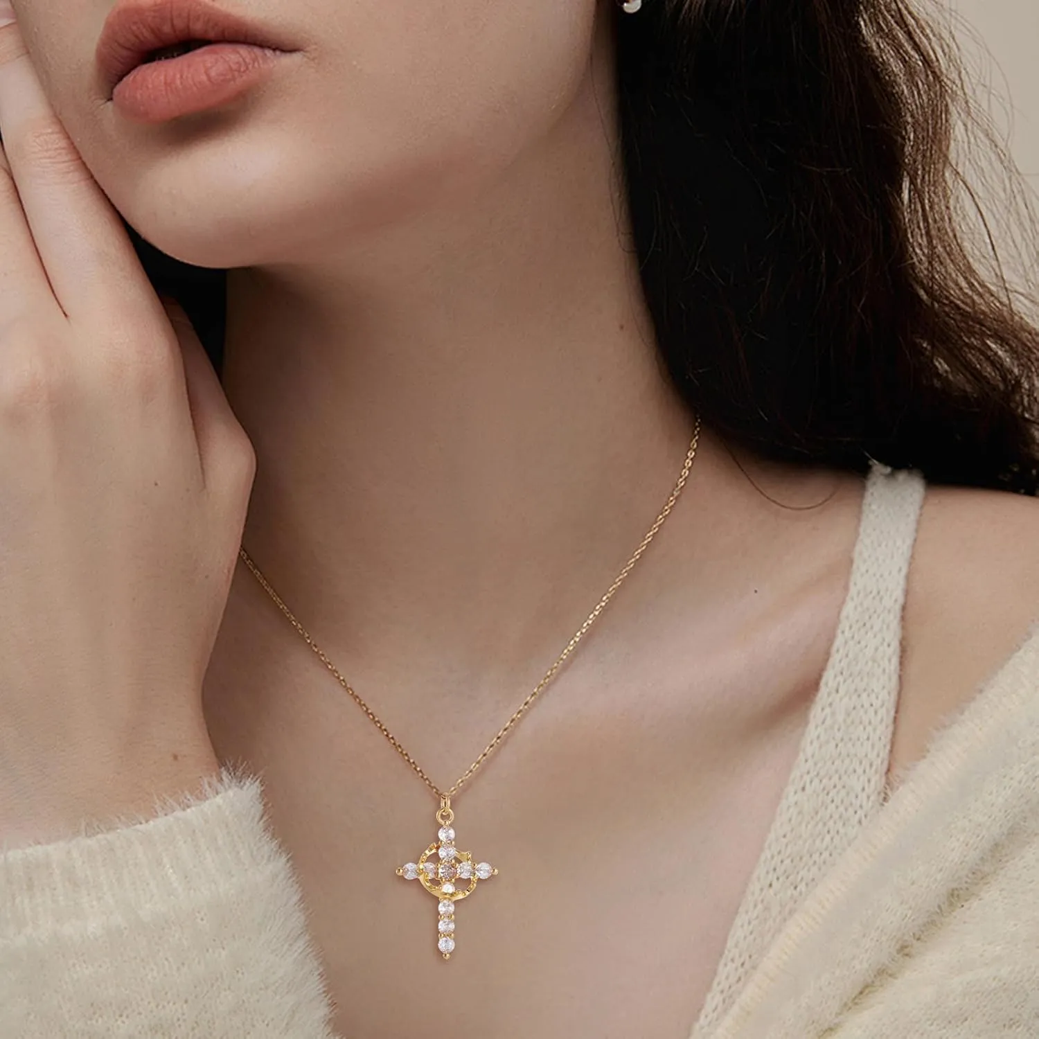 KOMI Gold Cross Pendant Necklace for Woman Safety Needle Necklace Heart Shaped Necklace and Letter Necklace As Gifts for Wife Daughter and Friend
