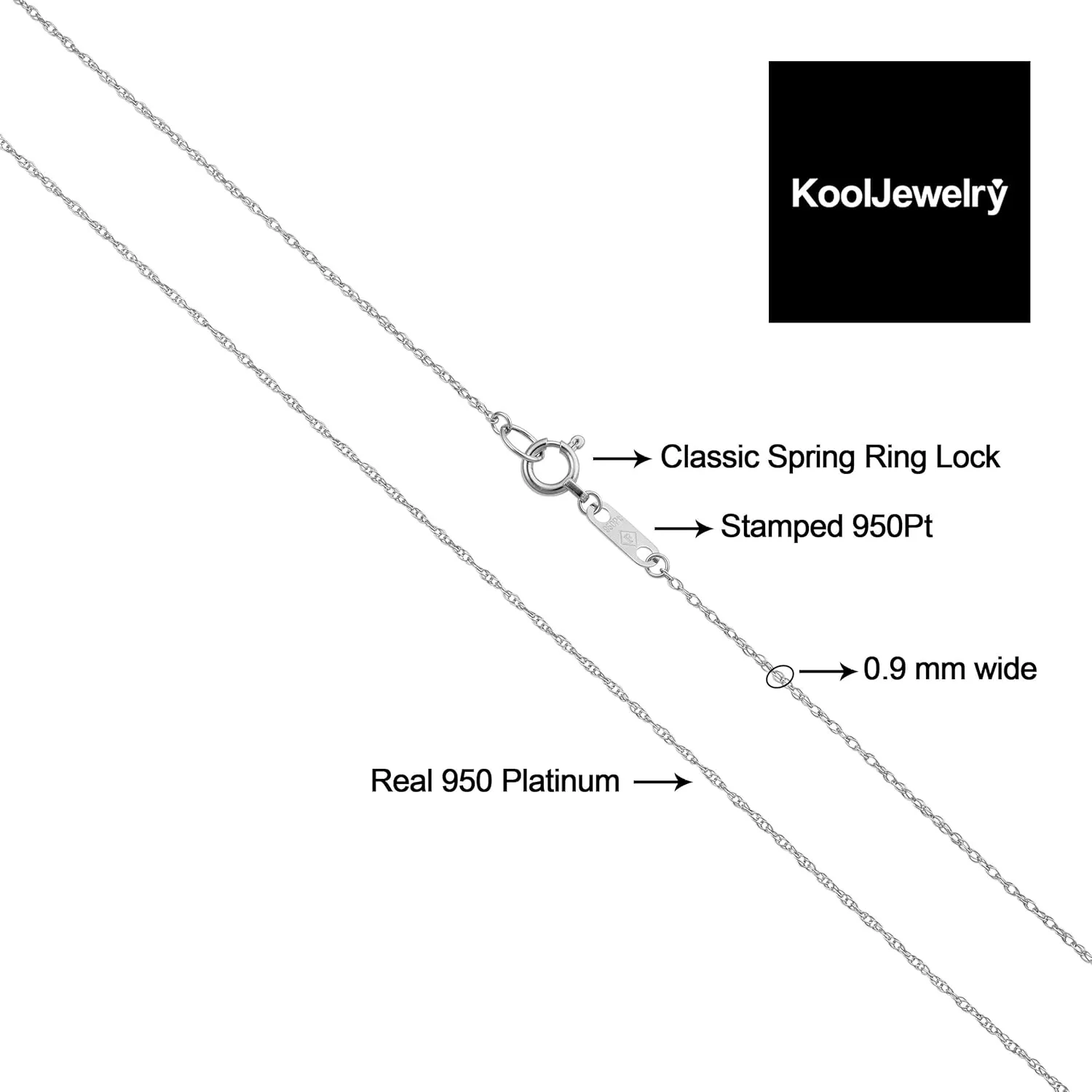 Kooljewelry Platinum 950 Light Rope Chain Necklace (0.9 mm)