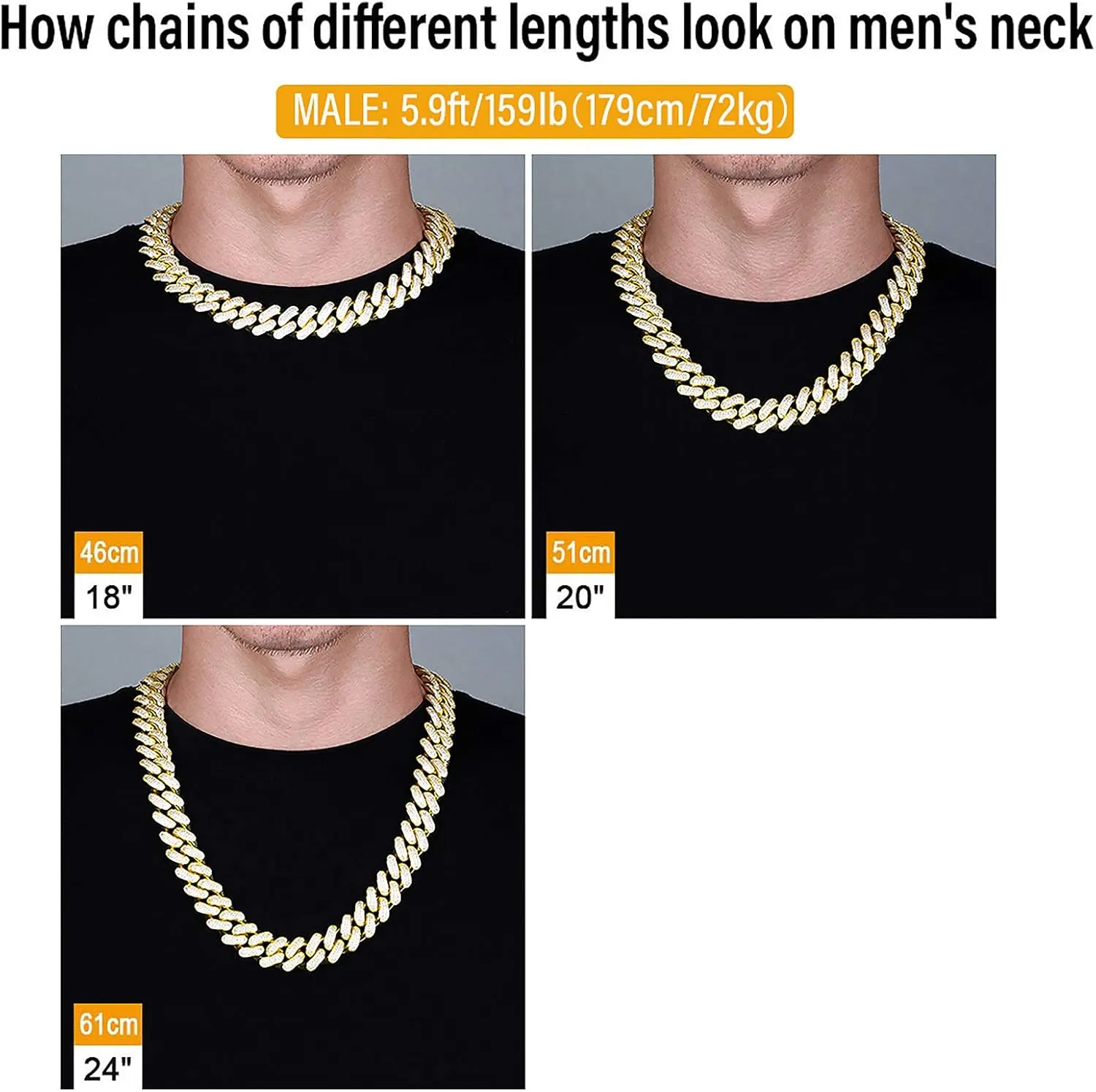 KRKC&CO Men's Iced Out Cuban Link Chain 12/18mm Prong-setting 3-Row 5A CZ Stones Gold Chain for Hip Hop Rapper Thick Heavy Necklace Cuban Choker Necklace Durable Anti-Tarnish Urban Street-wear