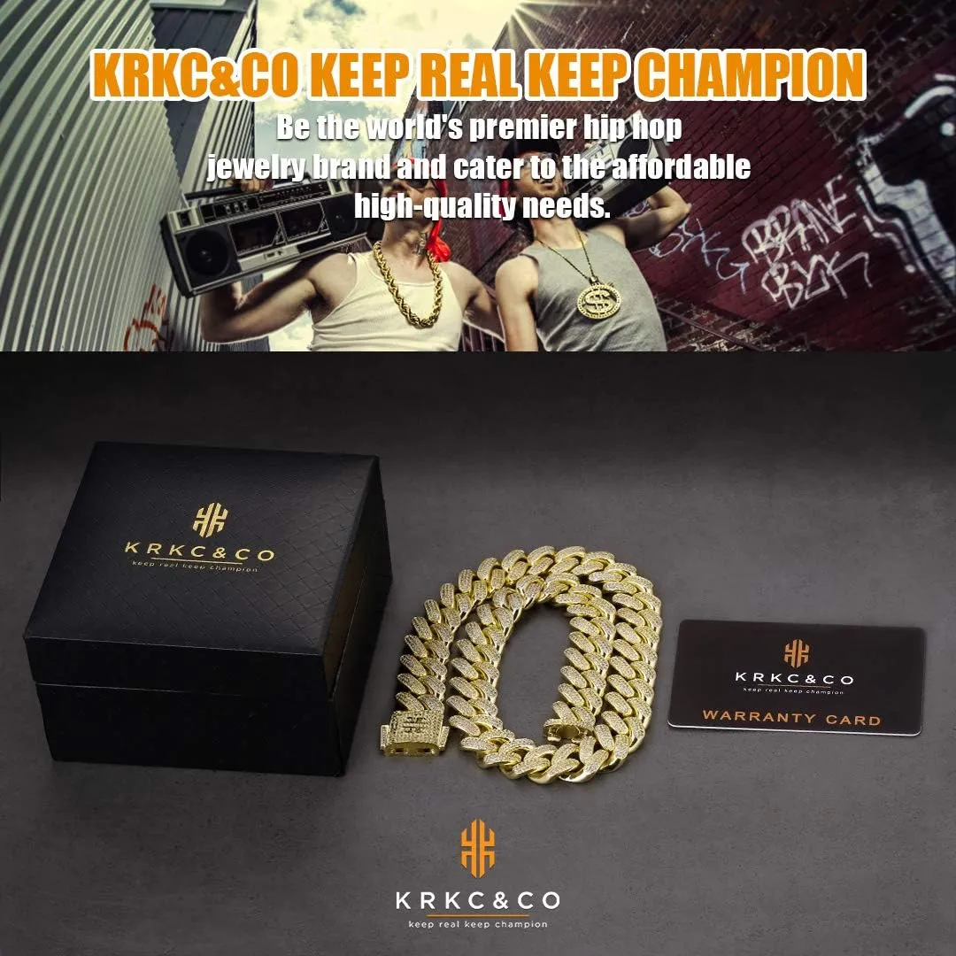 KRKC&CO Men's Iced Out Cuban Link Chain 12/18mm Prong-setting 3-Row 5A CZ Stones Gold Chain for Hip Hop Rapper Thick Heavy Necklace Cuban Choker Necklace Durable Anti-Tarnish Urban Street-wear