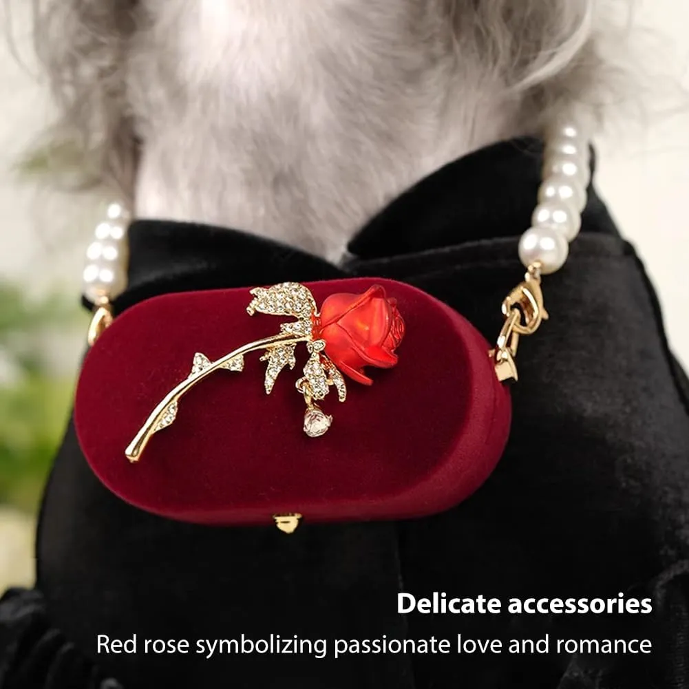 La La Pet Dog Wedding Collar with Ring Box Pearl Pet Collar Red Rose Ring Bearer Box Couple Ring Storage Box for Proposal Engagement Wedding Ceremony S