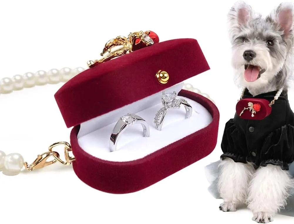 La La Pet Dog Wedding Collar with Ring Box Pearl Pet Collar Red Rose Ring Bearer Box Couple Ring Storage Box for Proposal Engagement Wedding Ceremony S