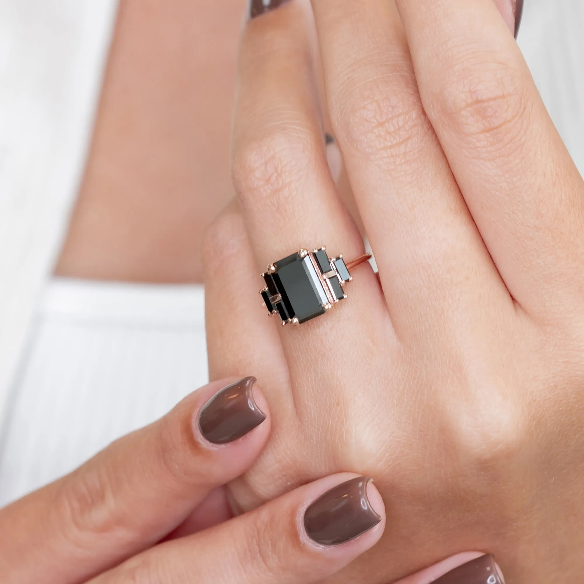 La Nuit Noire  Emerald & Baguettes Natural Black Diamond Emerald Engagement Ring
