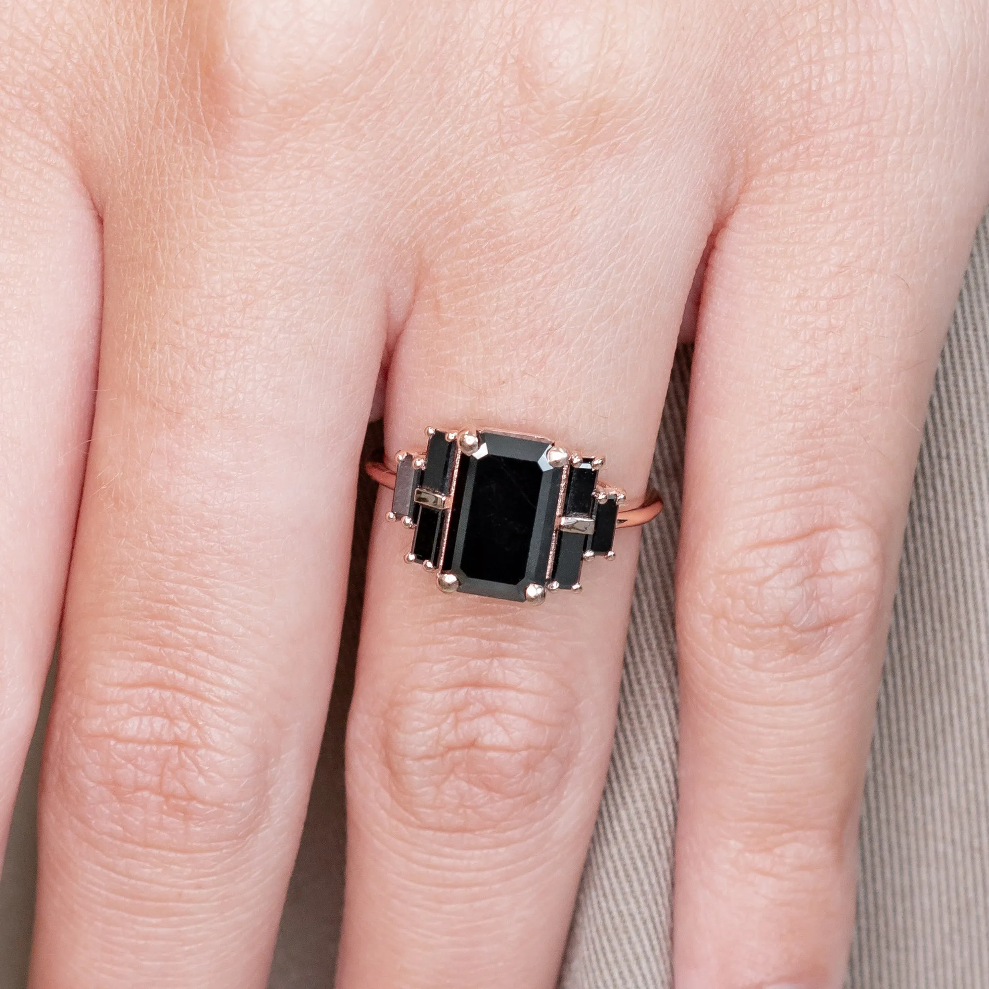 La Nuit Noire  Emerald & Baguettes Natural Black Diamond Emerald Engagement Ring