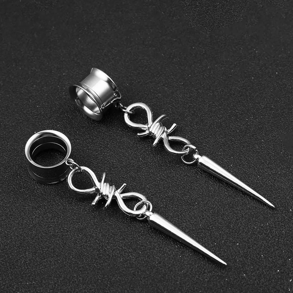 LADEMAYH 2Pcs Surgical Steel 316L Ear Tunnels with Sharp Spike Dangling Gauges Earrings for Punk/Gothic Style, Hypoallergenic Ear Plugs Expander Body Jewelry for Women & Men