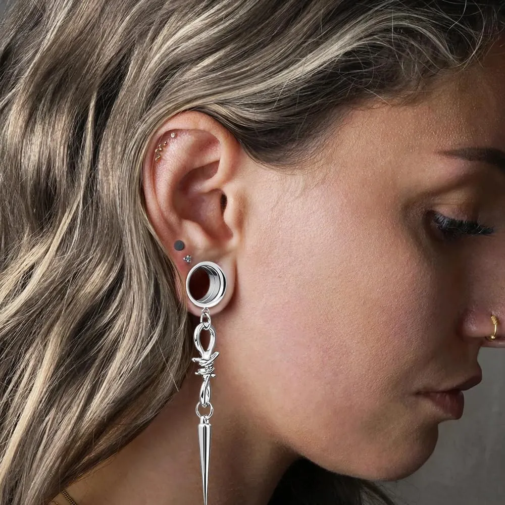 LADEMAYH 2Pcs Surgical Steel 316L Ear Tunnels with Sharp Spike Dangling Gauges Earrings for Punk/Gothic Style, Hypoallergenic Ear Plugs Expander Body Jewelry for Women & Men