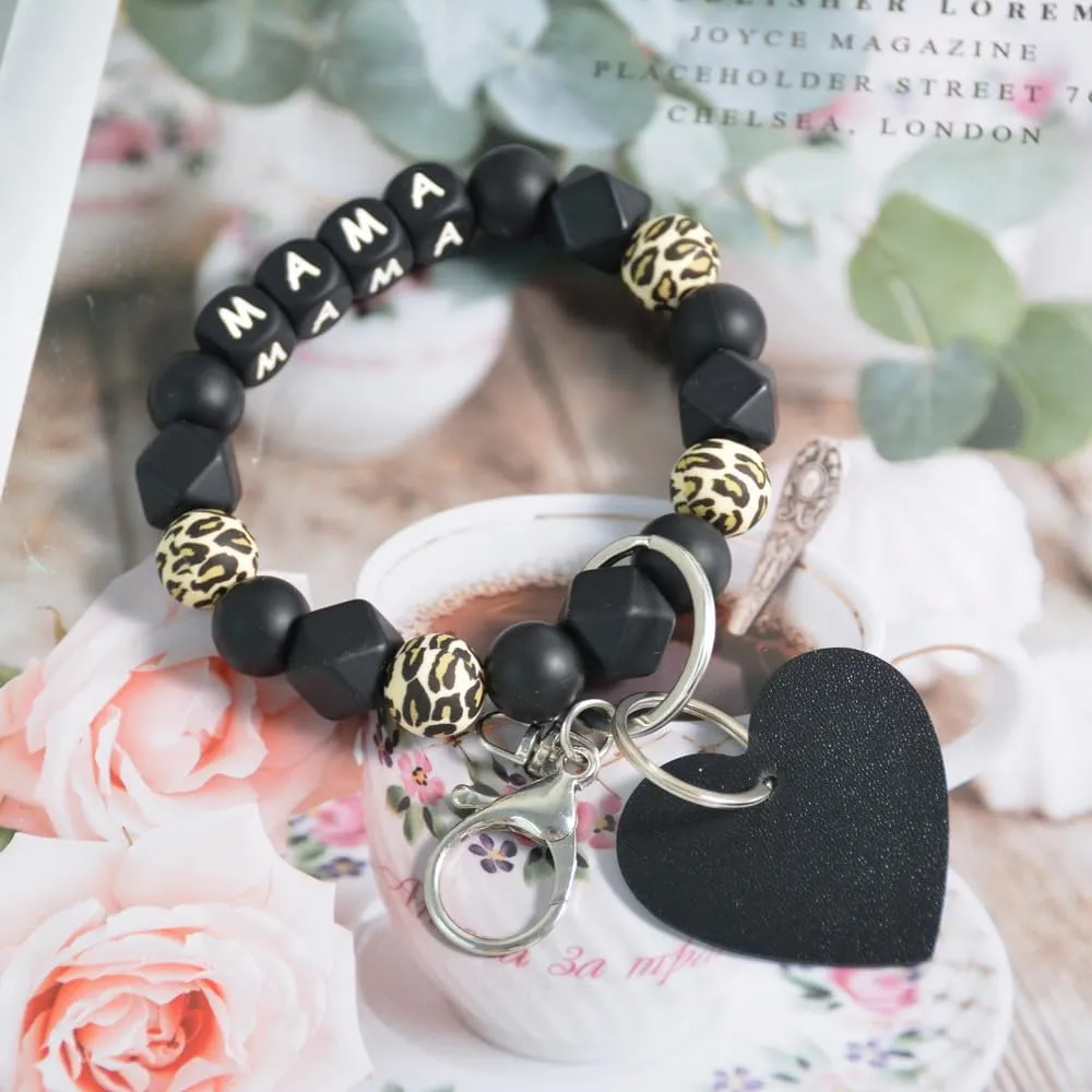 Lantintop Silicone Key Ring Bracelet Women Beaded Portable Wristlet Mama Keychain with Tassels Hanging House Car Keys Rings