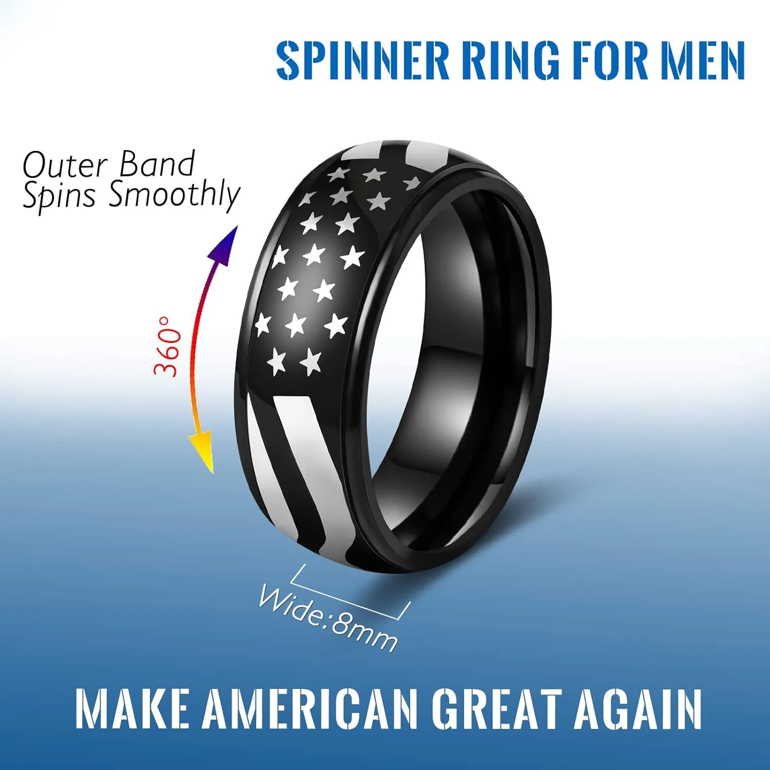 LAOYOU Anxiety Relief Mens Spinner Ring | 8mm Stainless Steel Black Fidget Anxiety Ring Inlay Curb Chain Jewelry Gift Size 6-14
