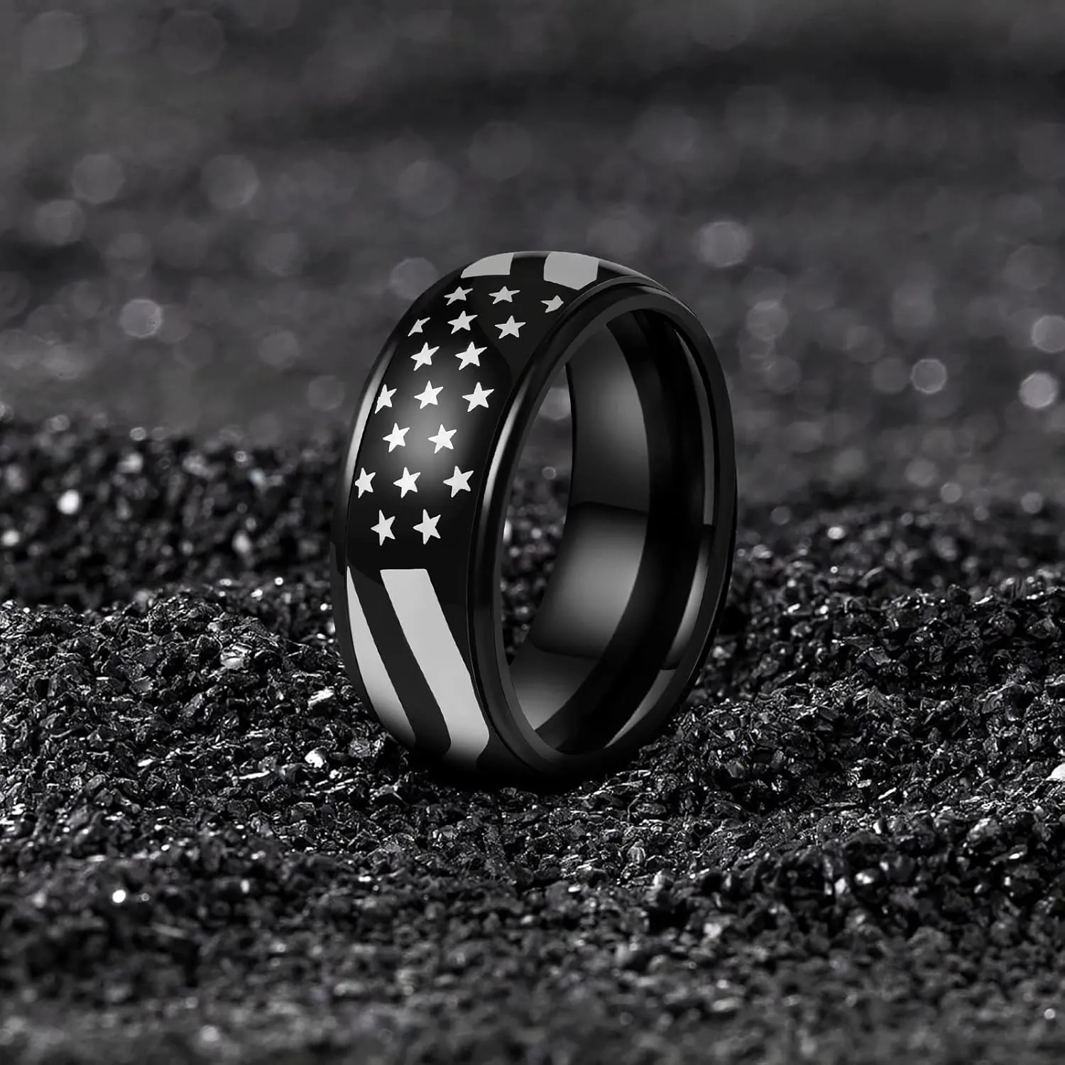 LAOYOU Anxiety Relief Mens Spinner Ring | 8mm Stainless Steel Black Fidget Anxiety Ring Inlay Curb Chain Jewelry Gift Size 6-14