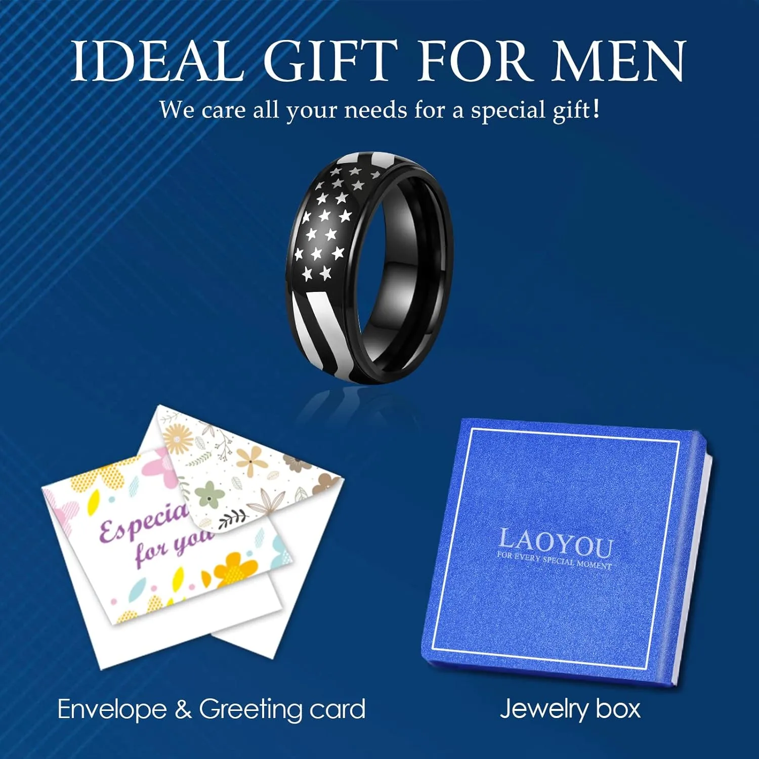 LAOYOU Anxiety Relief Mens Spinner Ring | 8mm Stainless Steel Black Fidget Anxiety Ring Inlay Curb Chain Jewelry Gift Size 6-14
