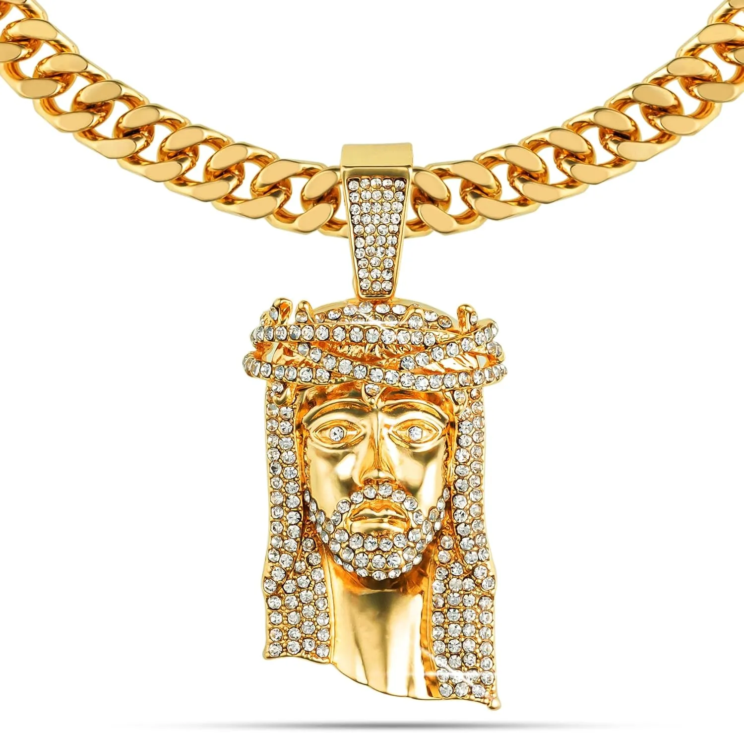 Large Crown Jesus Pendant Necklace for Men Gold Silver Plated 5A  Cubic Zirconia Iced Bling Out Luxury Diamond 24 Inch Cuban Link Necklace Chain