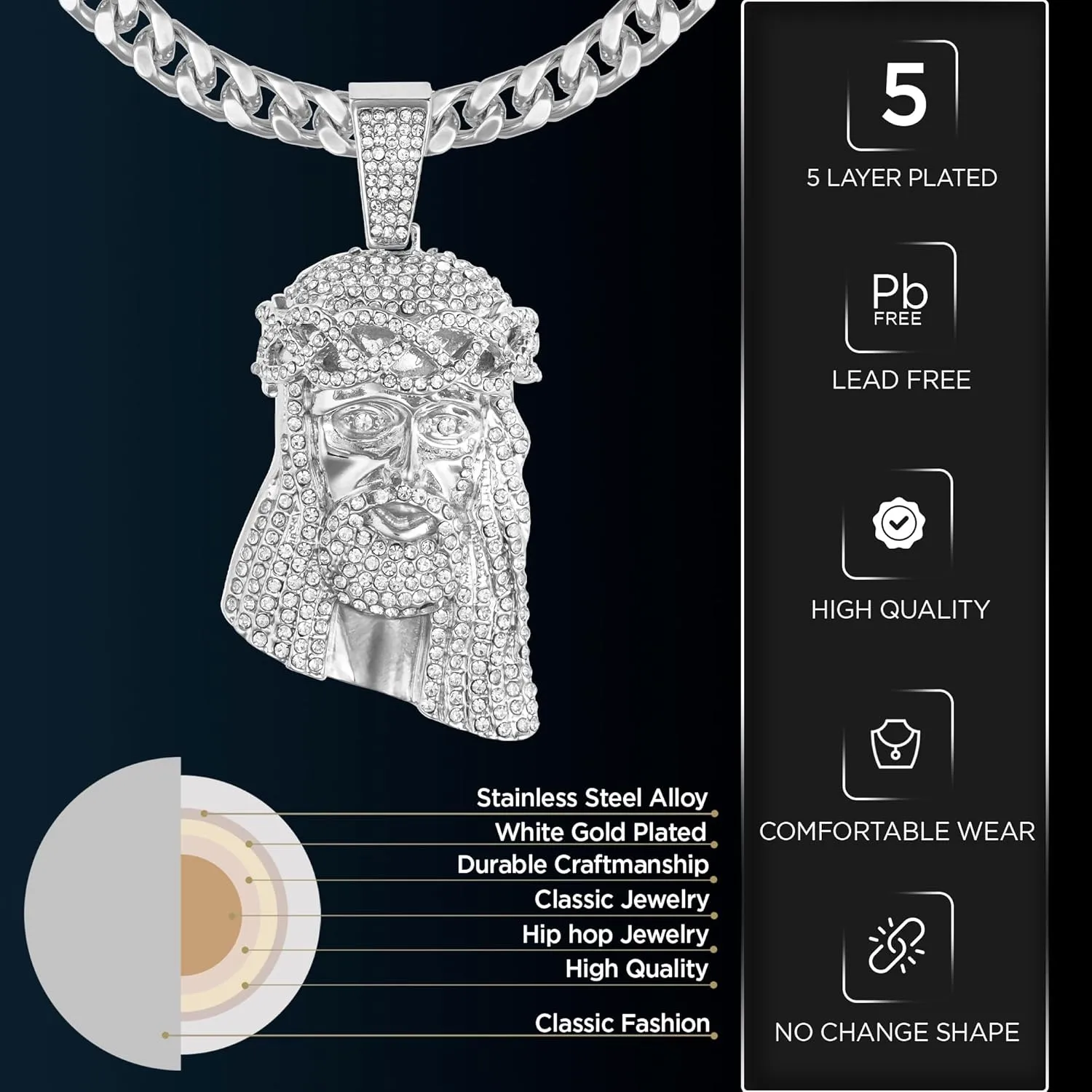 Large Crown Jesus Pendant Necklace for Men Gold Silver Plated 5A  Cubic Zirconia Iced Bling Out Luxury Diamond 24 Inch Cuban Link Necklace Chain