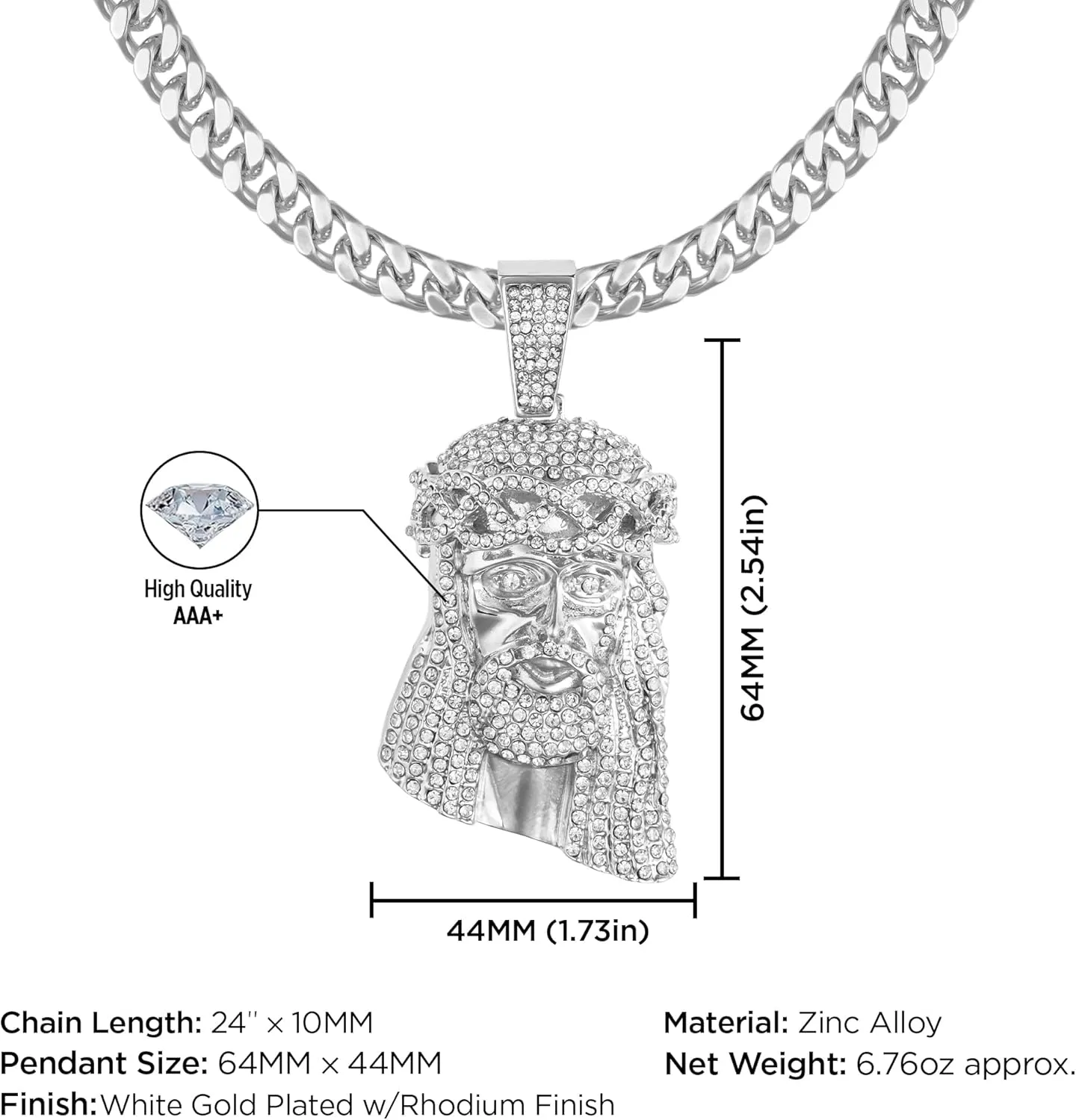 Large Crown Jesus Pendant Necklace for Men Gold Silver Plated 5A  Cubic Zirconia Iced Bling Out Luxury Diamond 24 Inch Cuban Link Necklace Chain