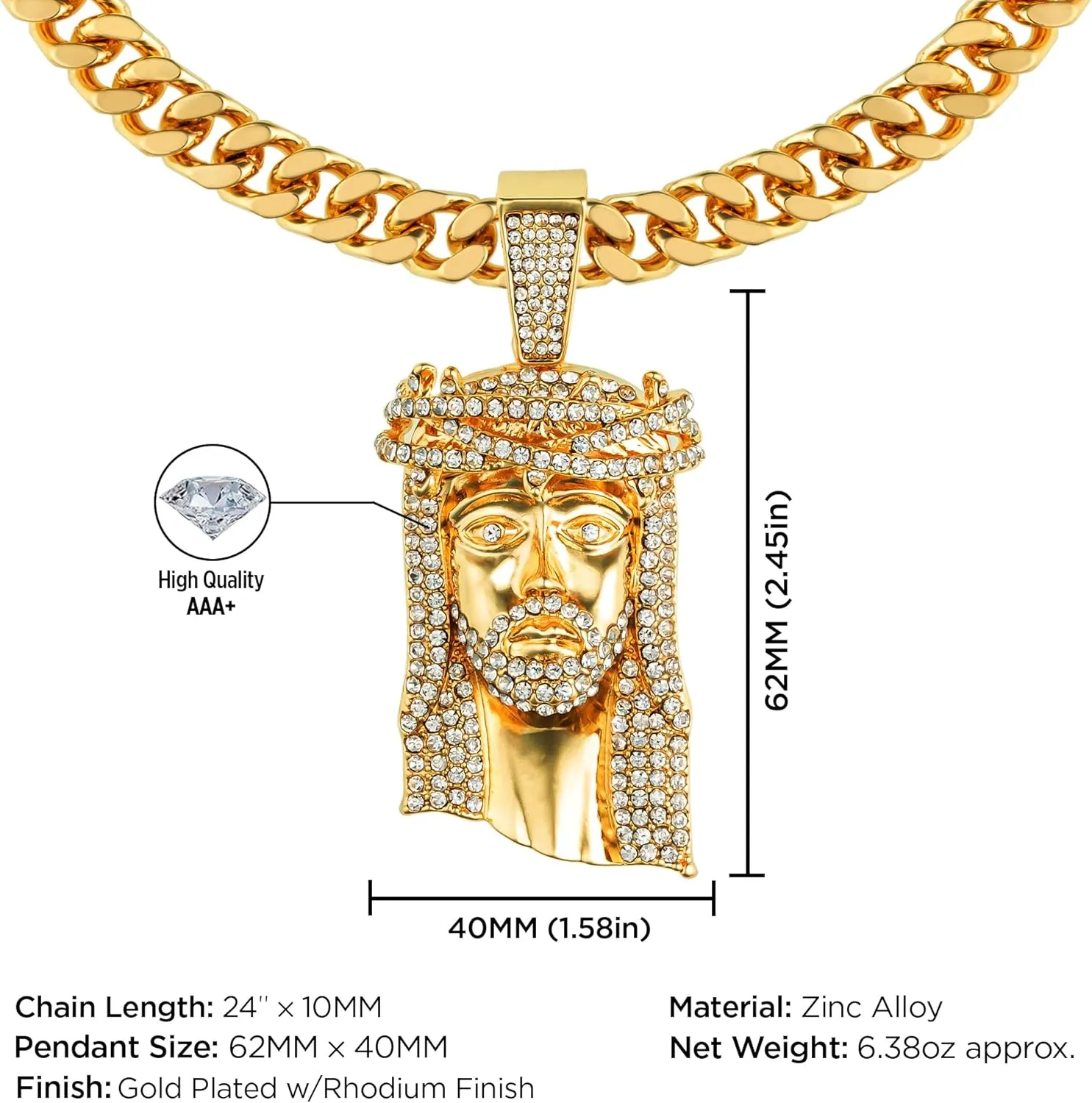 Large Crown Jesus Pendant Necklace for Men Gold Silver Plated 5A  Cubic Zirconia Iced Bling Out Luxury Diamond 24 Inch Cuban Link Necklace Chain