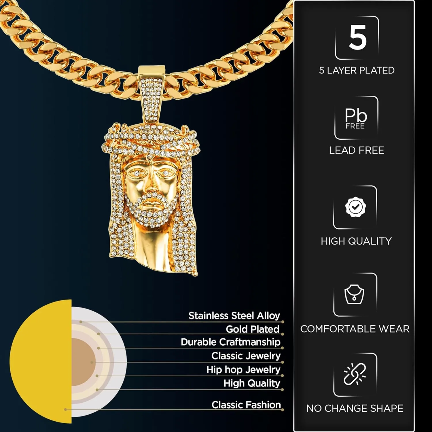 Large Crown Jesus Pendant Necklace for Men Gold Silver Plated 5A  Cubic Zirconia Iced Bling Out Luxury Diamond 24 Inch Cuban Link Necklace Chain