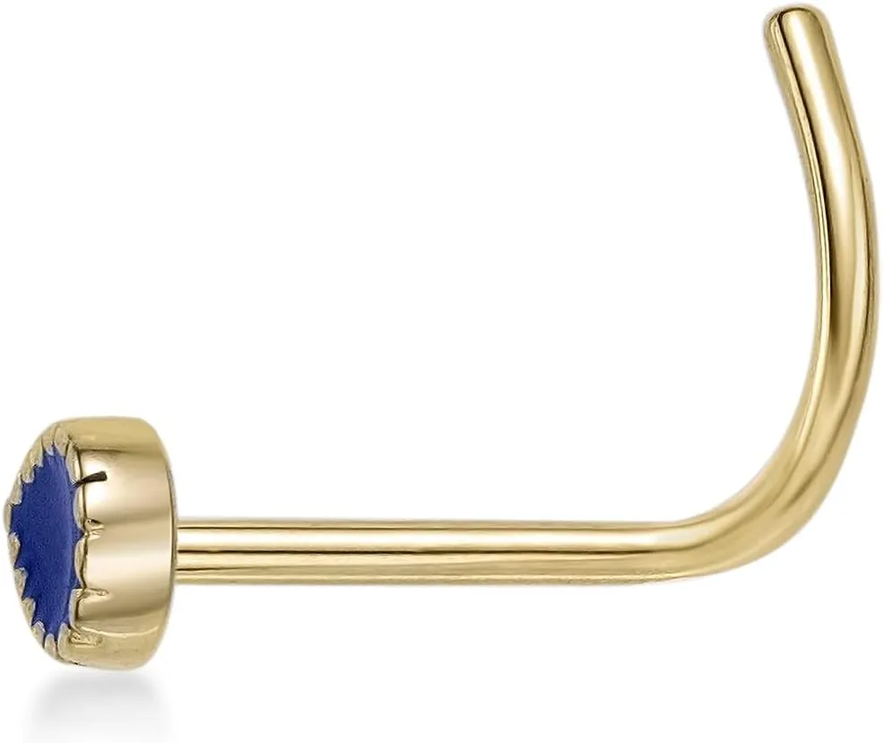 Lavari Jewelers 20 Gauge Curved Screw Nose Stud for Women - 14k Yellow Gold Enamel Nose Ring - Unisex Hypoallergenic Nostril Piercing Jewelry - 20G Body Piercing for Men