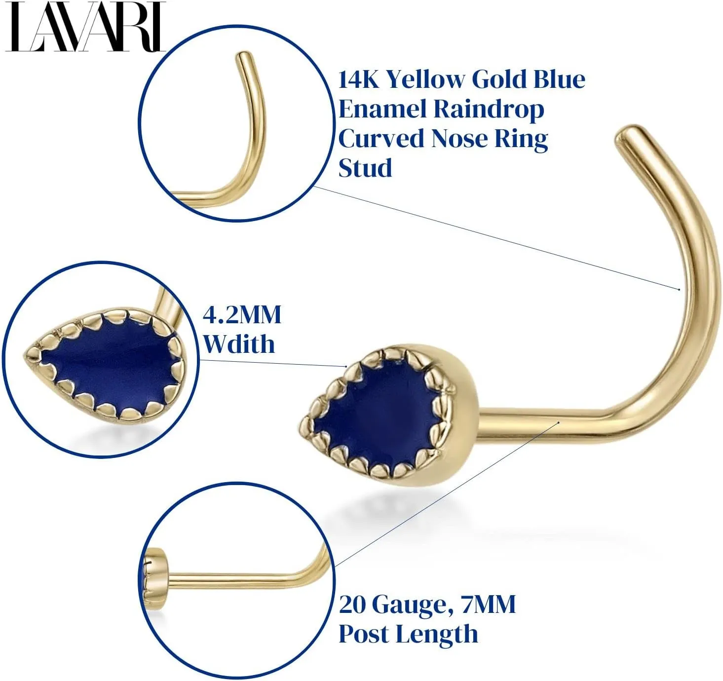 Lavari Jewelers 20 Gauge Curved Screw Nose Stud for Women - 14k Yellow Gold Enamel Nose Ring - Unisex Hypoallergenic Nostril Piercing Jewelry - 20G Body Piercing for Men