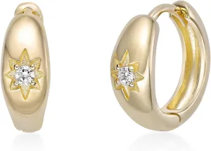Lavari Jewelers Cubic Zirconia Starburst Huggie Hoop Earrings for Women - 18k Yellow Gold Plated 925 Sterling Silver Earrings for Her - Hypoallergenic Snap Back - Minimalist Celestial Design