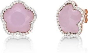 Lavari Jewelers Five Petal Flower Stud Earrings for Women - Black Onyx Green Malachite Mother of Pearl or Pink Quartz & Cubic Zirconia in 925 Sterling Silver - Hypoallergenic Gold Plated - Push Back