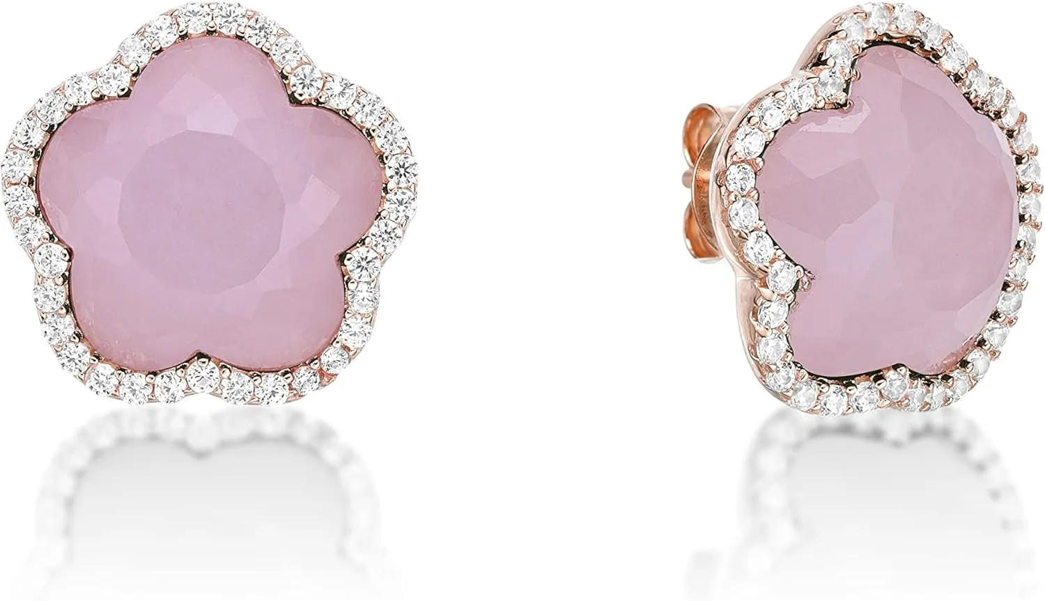 Lavari Jewelers Five Petal Flower Stud Earrings for Women - Black Onyx Green Malachite Mother of Pearl or Pink Quartz & Cubic Zirconia in 925 Sterling Silver - Hypoallergenic Gold Plated - Push Back