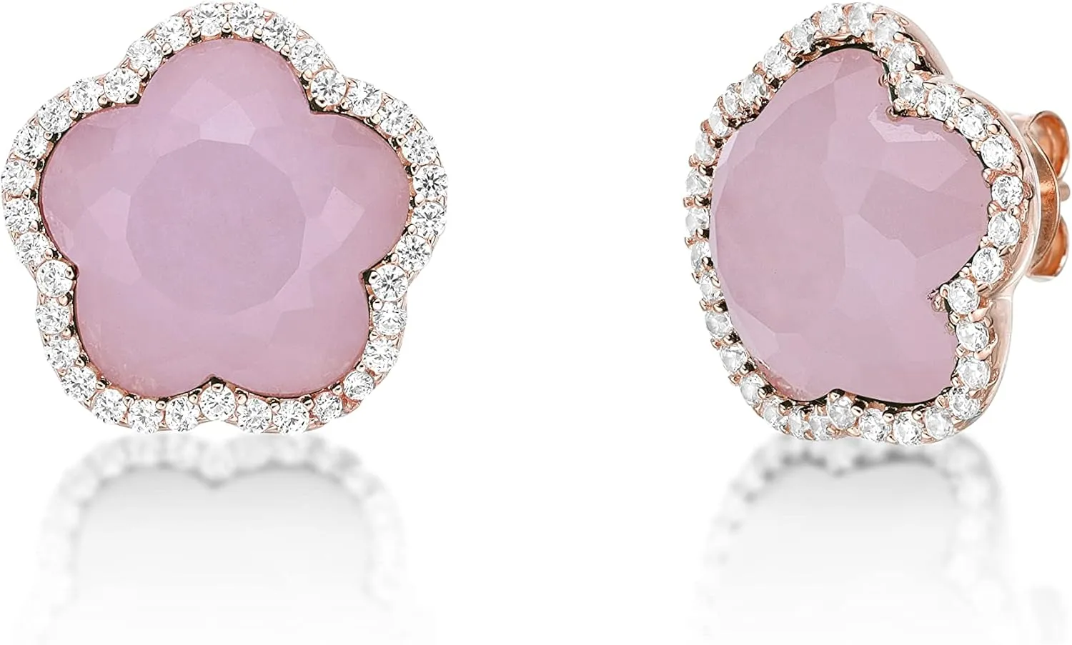 Lavari Jewelers Five Petal Flower Stud Earrings for Women - Black Onyx Green Malachite Mother of Pearl or Pink Quartz & Cubic Zirconia in 925 Sterling Silver - Hypoallergenic Gold Plated - Push Back