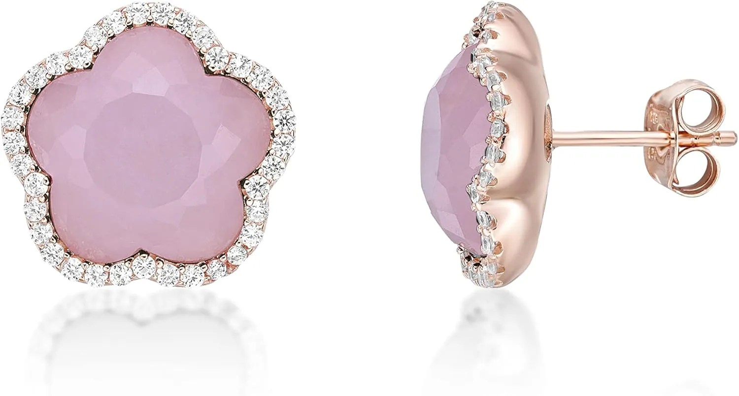Lavari Jewelers Five Petal Flower Stud Earrings for Women - Black Onyx Green Malachite Mother of Pearl or Pink Quartz & Cubic Zirconia in 925 Sterling Silver - Hypoallergenic Gold Plated - Push Back