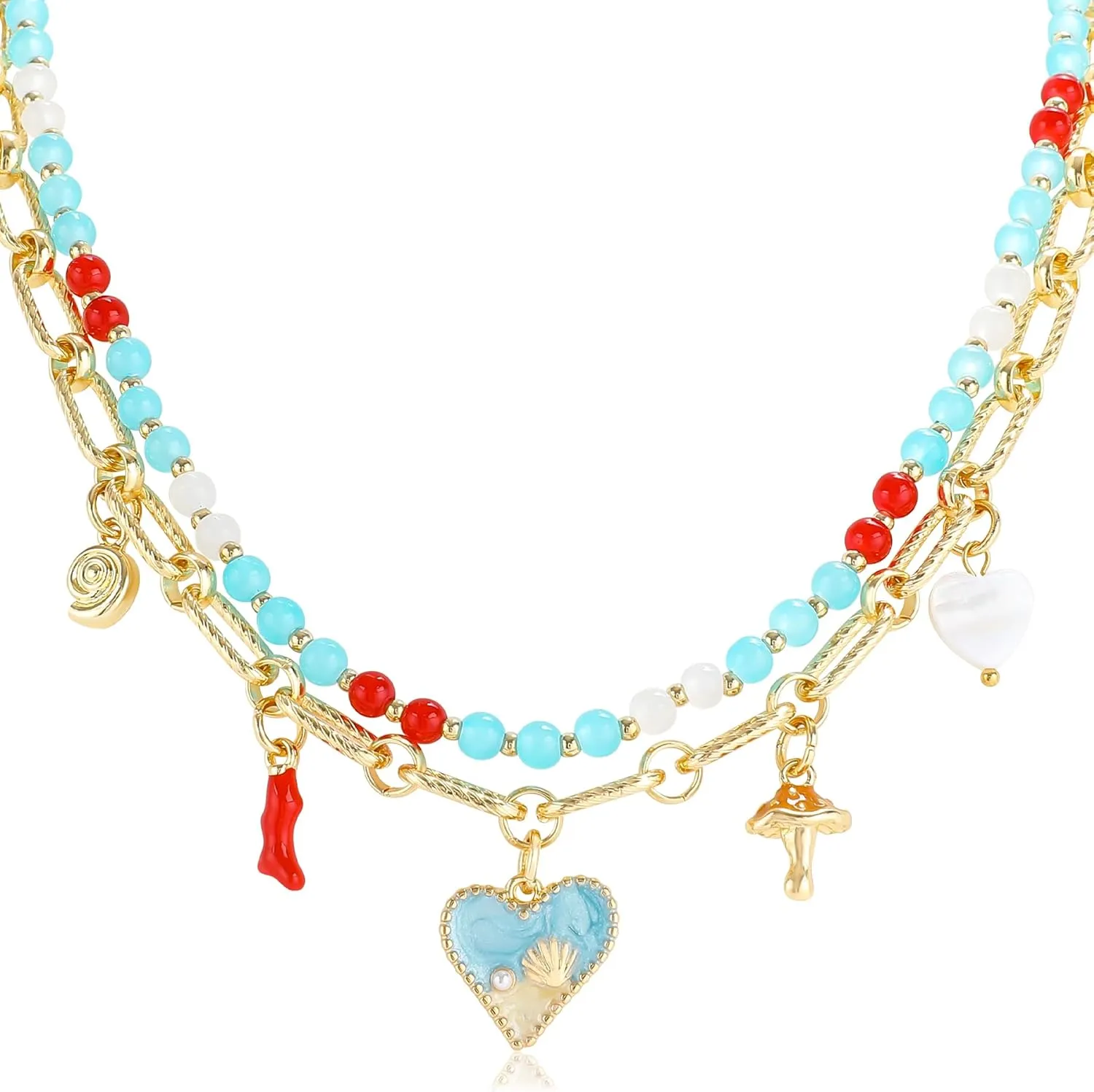 Layered Beaded Heart Shell Charm Necklace for Women, Bohemian Sea Shell Necklace with Conch Coral Mushroom Shell Heart Pendant Blue Glass Beads Choker Adjustable Boho Summer Beach Ocean Jewelry Gift