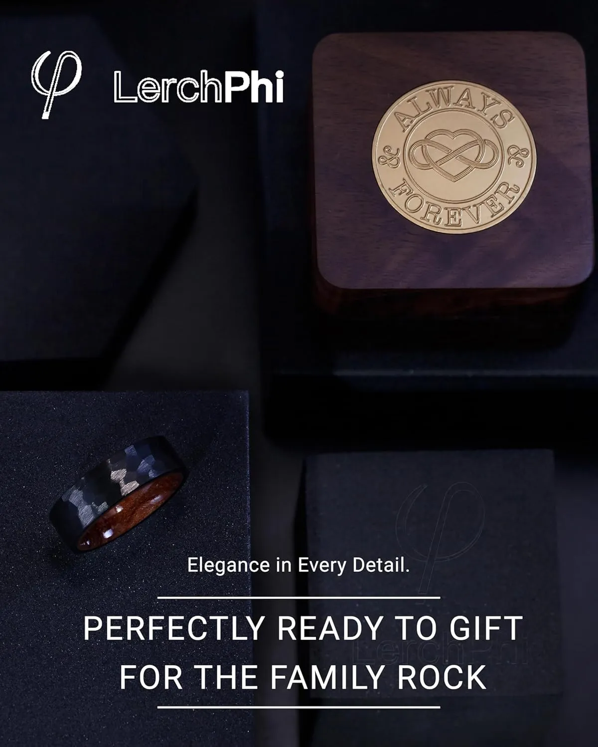 LerchPhi Hammered Tungsten Rings for Men, KOA Wood Rings Inlay Black Mens Wedding Band, 8MM Promise Rings For Him