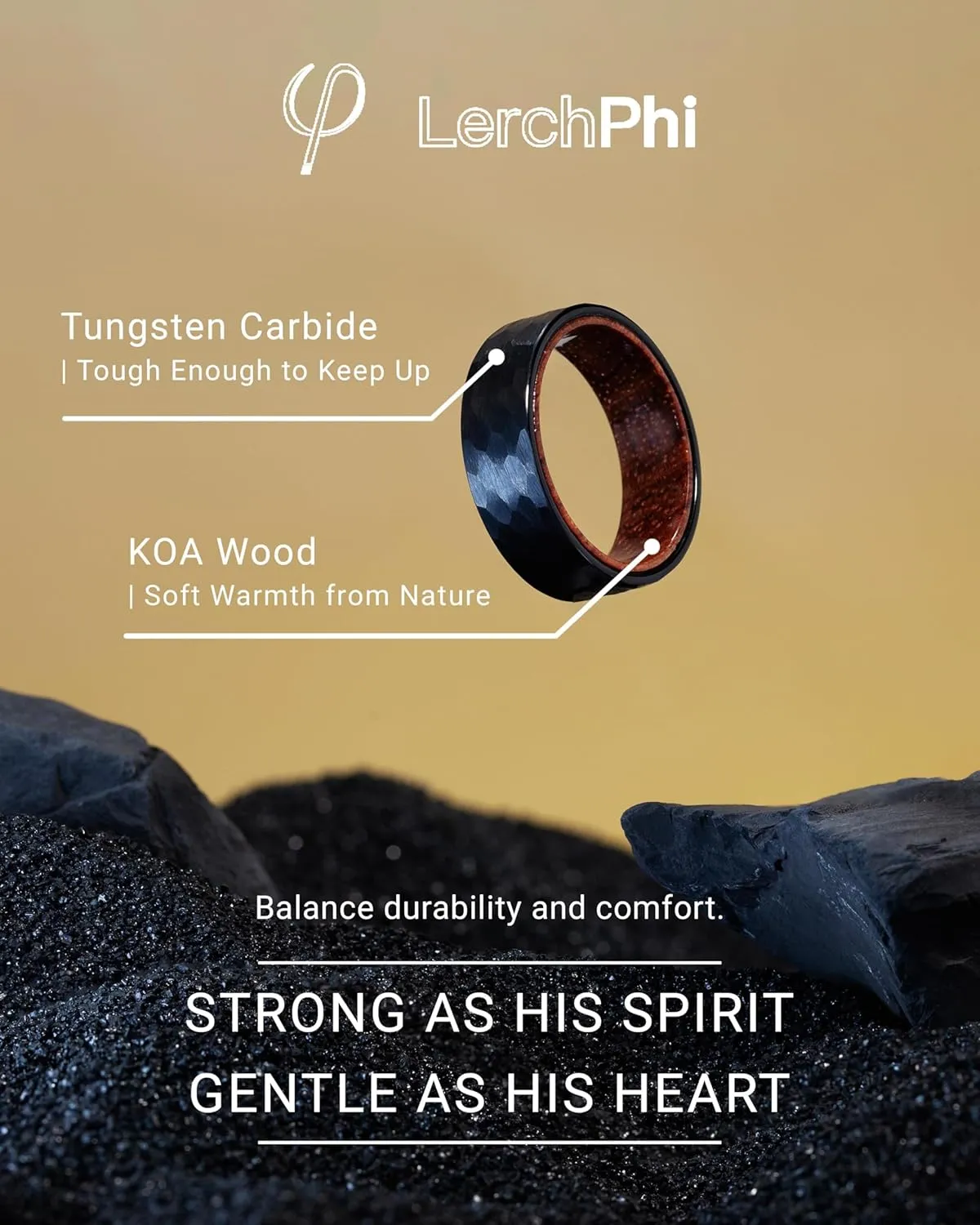 LerchPhi Hammered Tungsten Rings for Men, KOA Wood Rings Inlay Black Mens Wedding Band, 8MM Promise Rings For Him