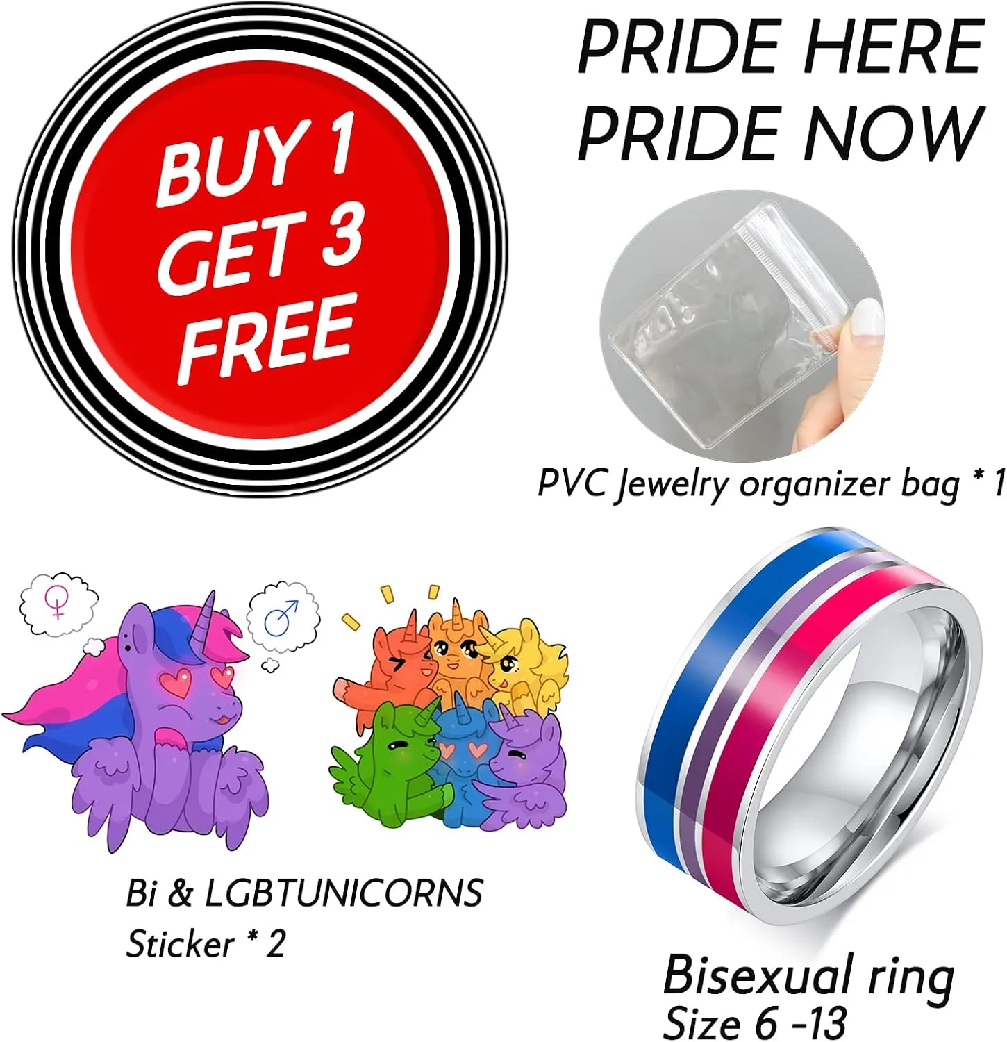 LGBT UNICORNS Bisexual Ring, Bi Pride jewelry Stainless Steel Ring for man & woman, Size 6-13
