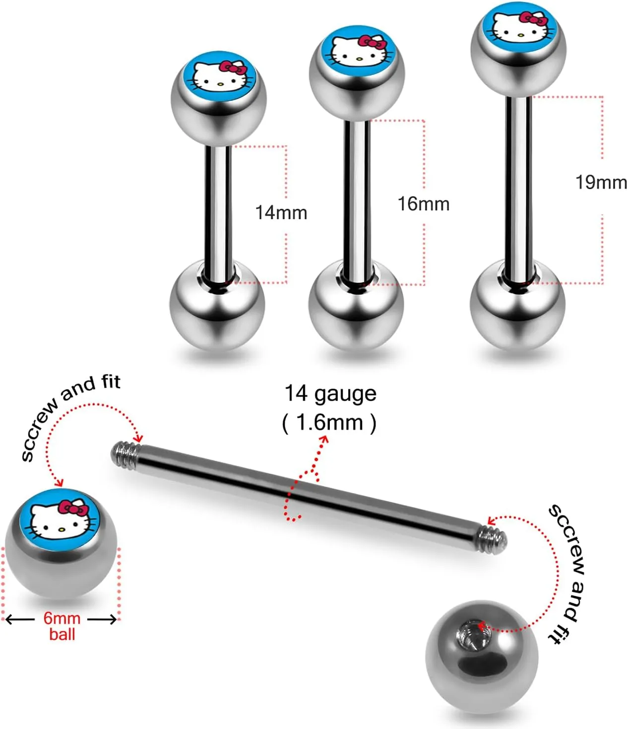 Light Blue HELLO KITTY Logo Tongue Piercing Ring