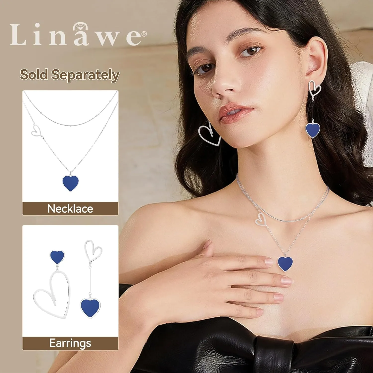 Linawe Layered Choker Heart Pendant Necklace for Women Trendy, Gold/Silver/Rose Gold Chain Stainless Steel Stacked Necklaces, Double Heart Necklace Y2K Preppy Jewelry