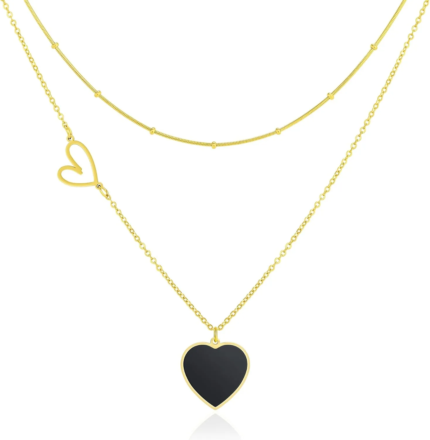 Linawe Layered Choker Heart Pendant Necklace for Women Trendy, Gold/Silver/Rose Gold Chain Stainless Steel Stacked Necklaces, Double Heart Necklace Y2K Preppy Jewelry