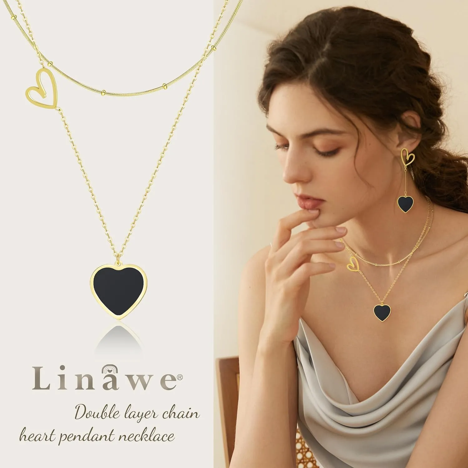 Linawe Layered Choker Heart Pendant Necklace for Women Trendy, Gold/Silver/Rose Gold Chain Stainless Steel Stacked Necklaces, Double Heart Necklace Y2K Preppy Jewelry