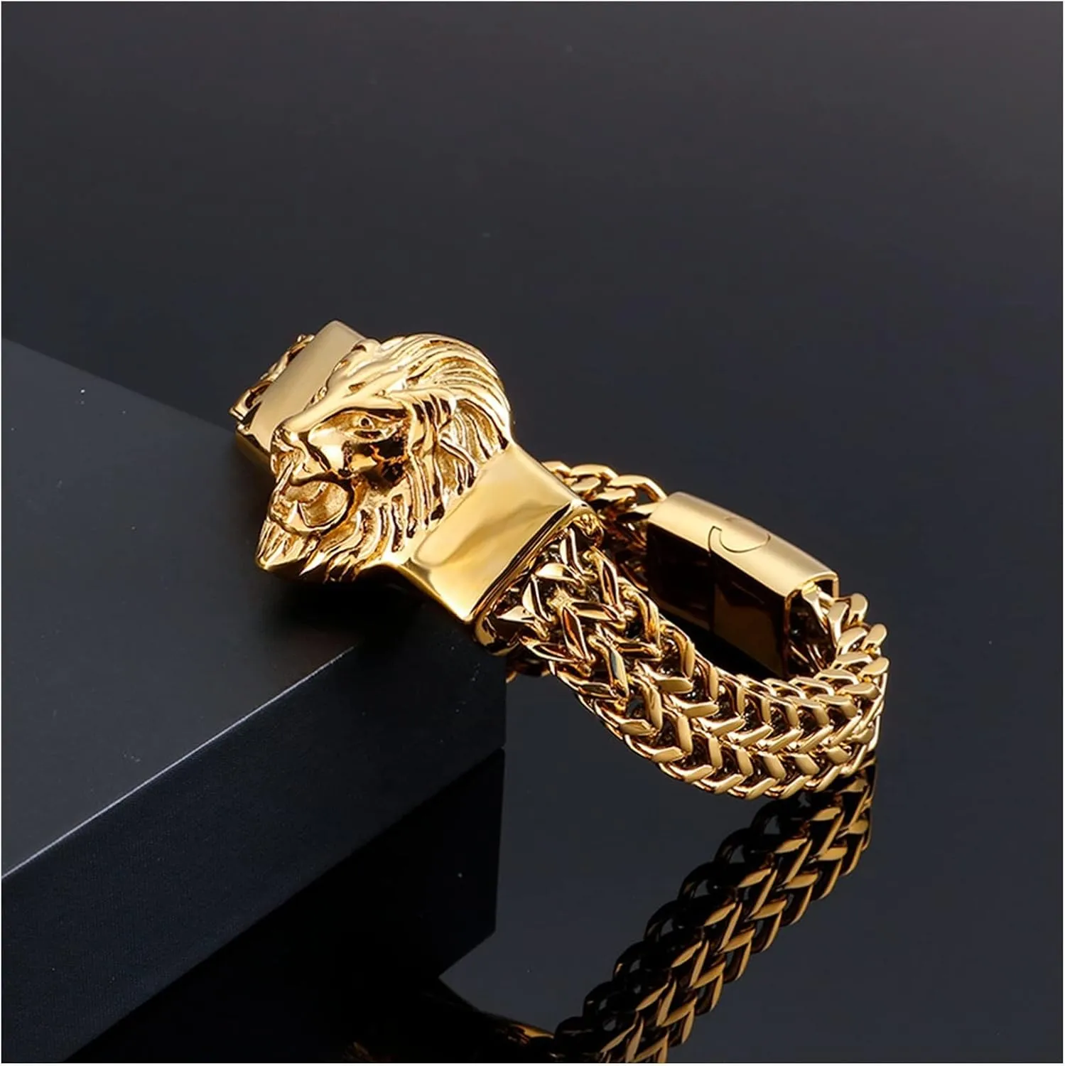 Lion Head Stainless Steel Bracelet Men Handmade Stainless Steel Bracelet Chain Bracelets The Best Gift (Color : Gold, Size : 22cm)
