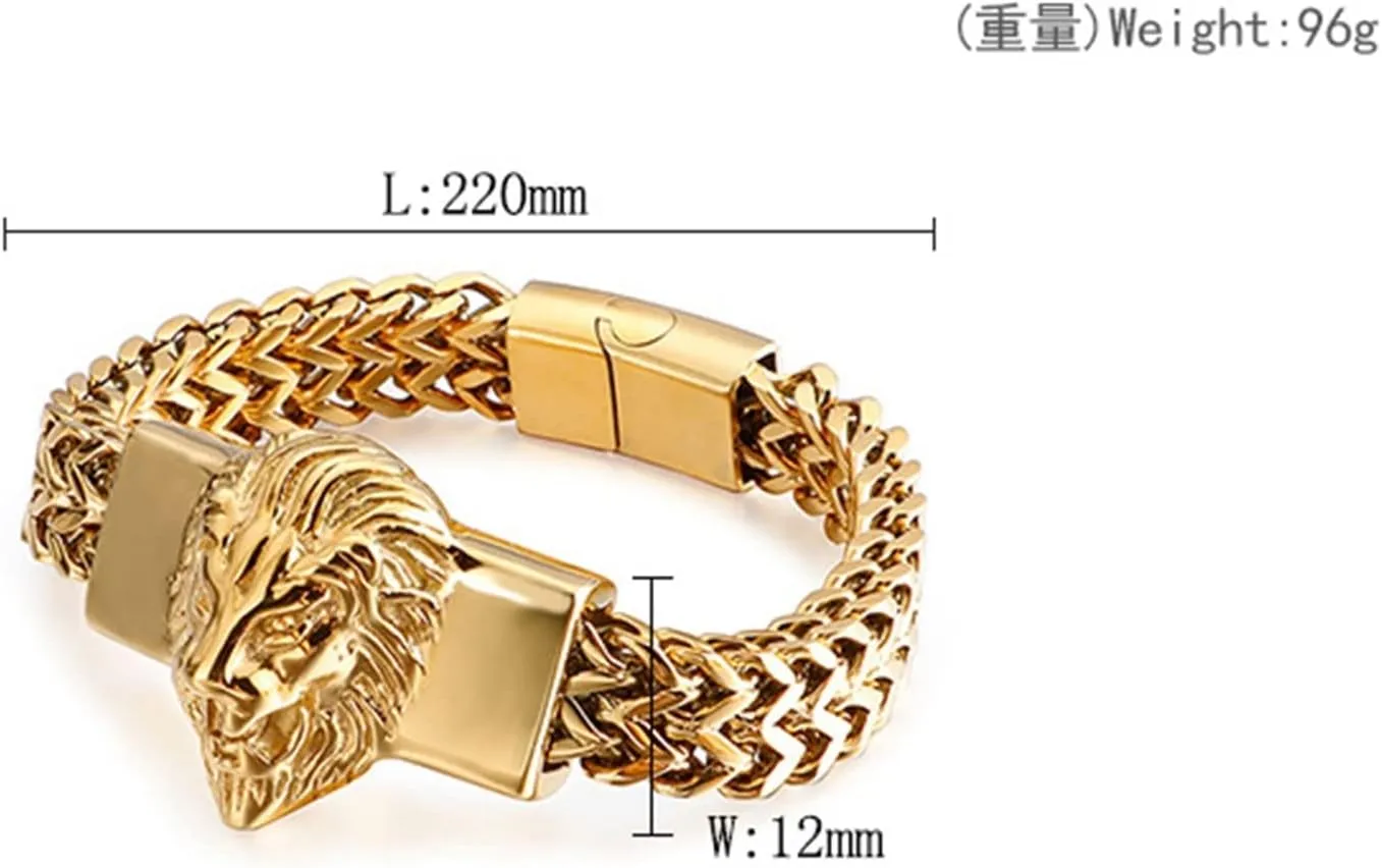 Lion Head Stainless Steel Bracelet Men Handmade Stainless Steel Bracelet Chain Bracelets The Best Gift (Color : Gold, Size : 22cm)