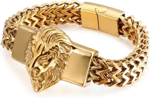 Lion Head Stainless Steel Bracelet Men Handmade Stainless Steel Bracelet Chain Bracelets The Best Gift (Color : Gold, Size : 22cm)