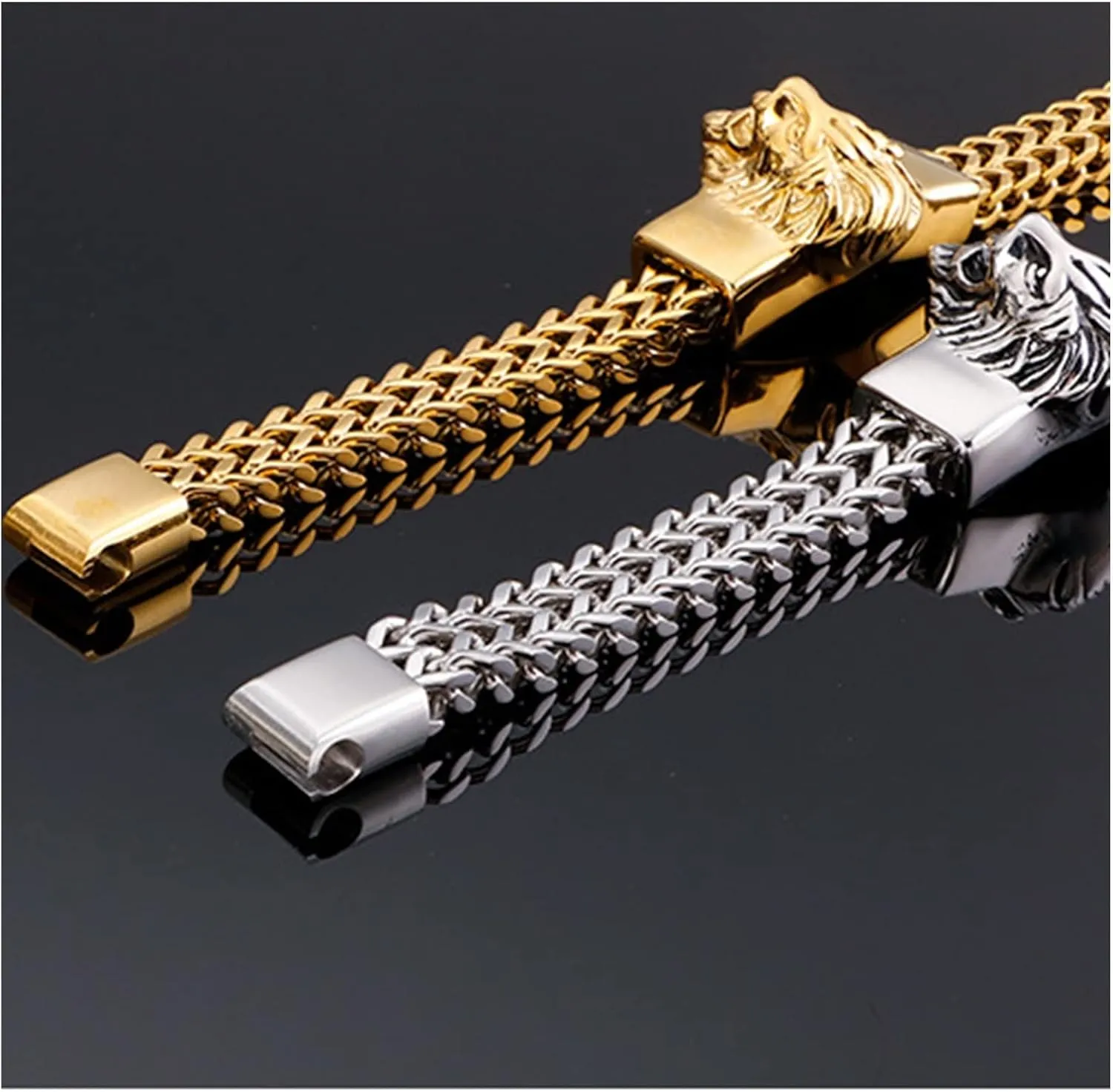 Lion Head Stainless Steel Bracelet Men Handmade Stainless Steel Bracelet Chain Bracelets The Best Gift (Color : Gold, Size : 22cm)