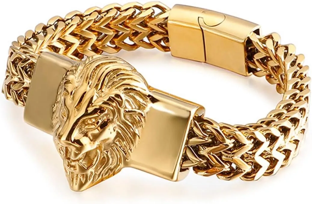 Lion Head Stainless Steel Bracelet Men Handmade Stainless Steel Bracelet Chain Bracelets The Best Gift (Color : Gold, Size : 22cm)