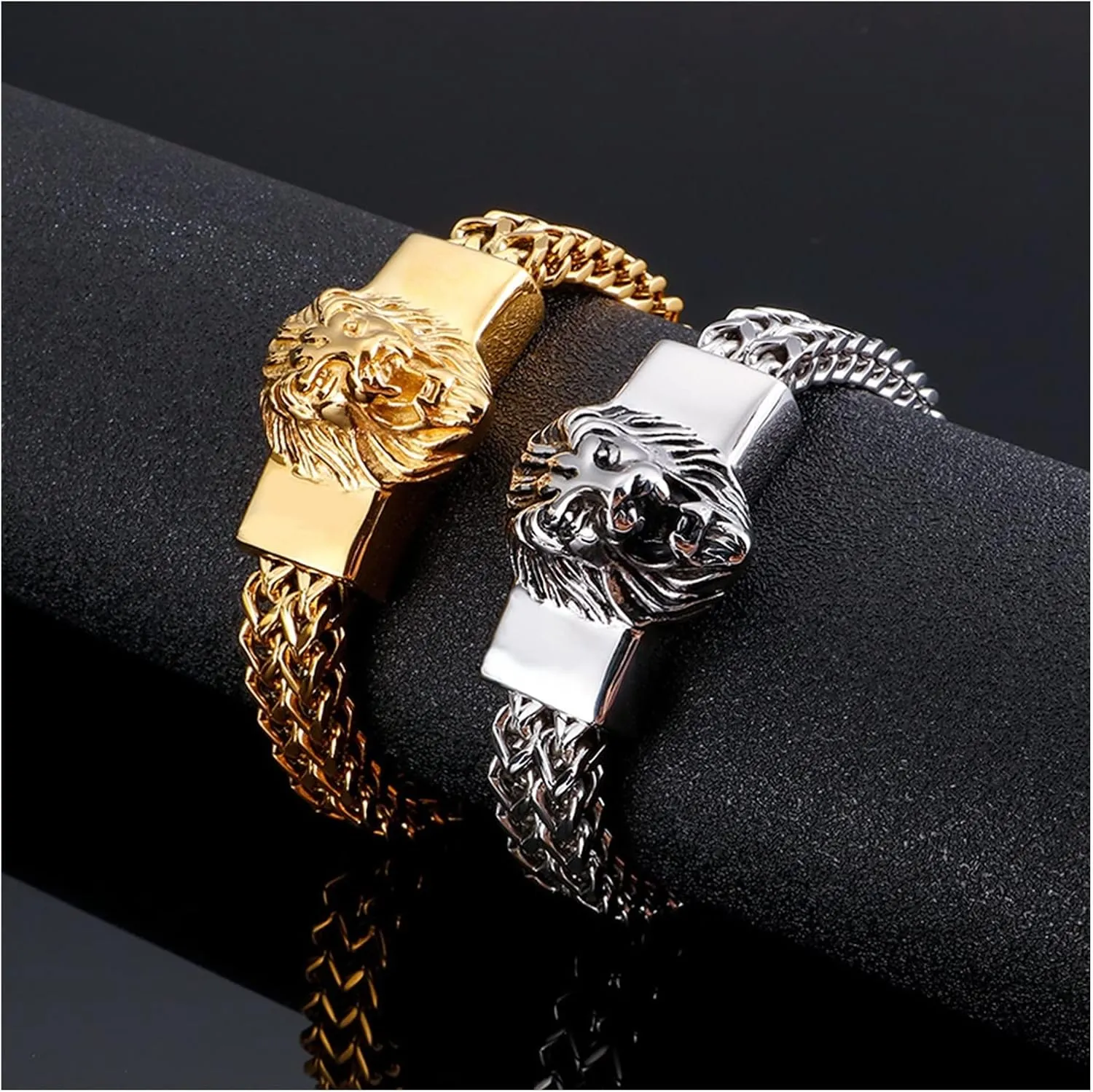 Lion Head Stainless Steel Bracelet Men Handmade Stainless Steel Bracelet Chain Bracelets The Best Gift (Color : Gold, Size : 22cm)