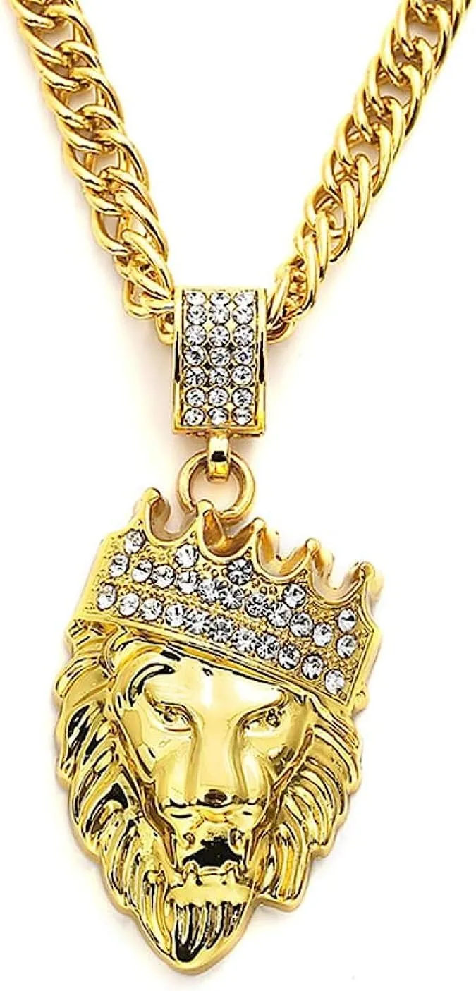 Lion's head men's necklace, hip-hop jewelry gold crown lion's head pendant, Cuban chain gold necklace